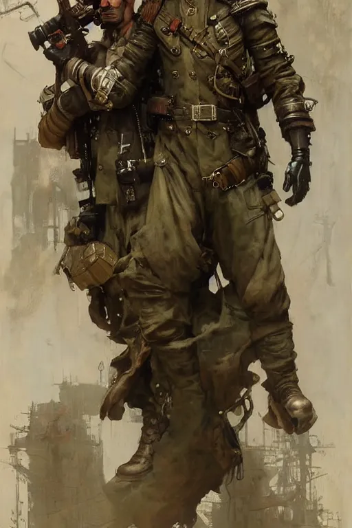 Image similar to dieselpunk military character concept art, painted by ruan jia, raymond swanland, lawrence alma tadema, zdzislaw beksinski, norman rockwell, jack kirby, tom lovell, alex malveda, greg staples