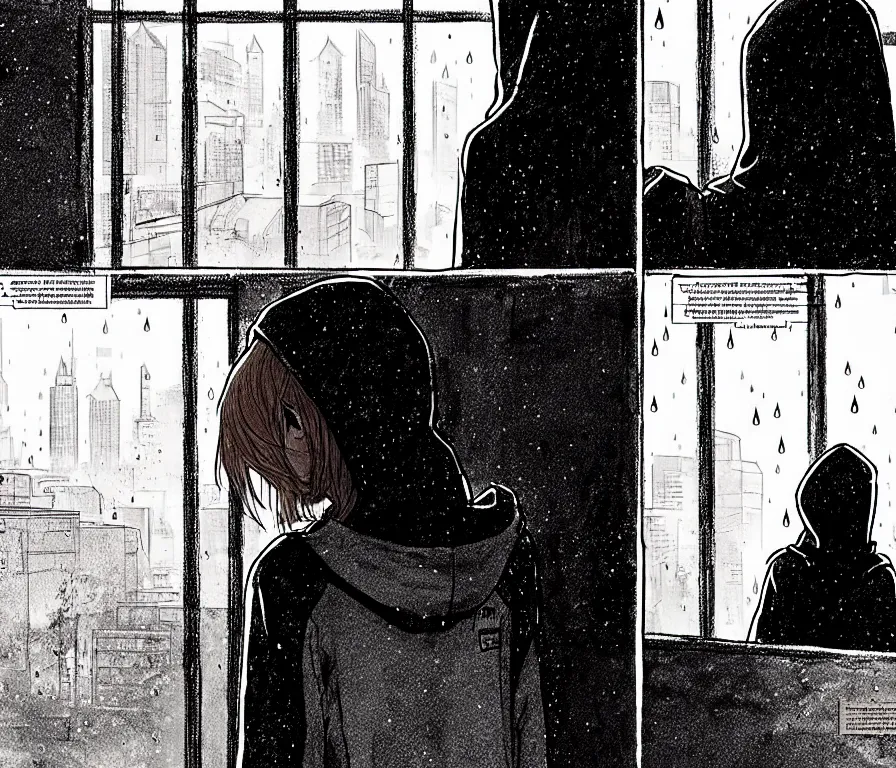 Image similar to outdoors : sadie sink in hoodie sits on windowsill, knees tucked in | rain falls at night : storyboard panel, scifi cyberpunk. by gabriel hardman, joe alves, chris bonura. cinematic atmosphere, detailed and intricate, perfect anatomy