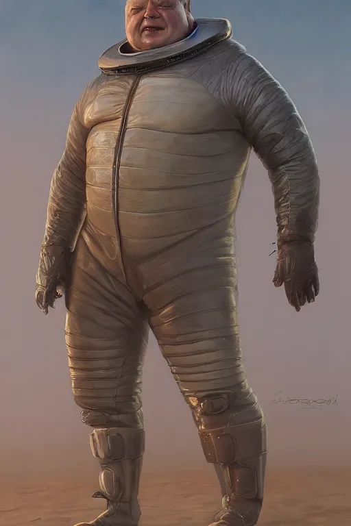 Prompt: upper body portrait of baron harkonnen wearing leather spacesuit, detailed, sand wom in the distance, illustration by normal rockwell, artstation character art, greg rutkowski
