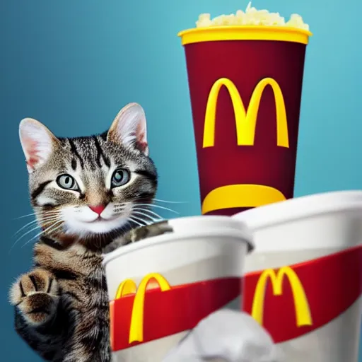 Prompt: photo of anthropomorphic cat working for mcdonalds