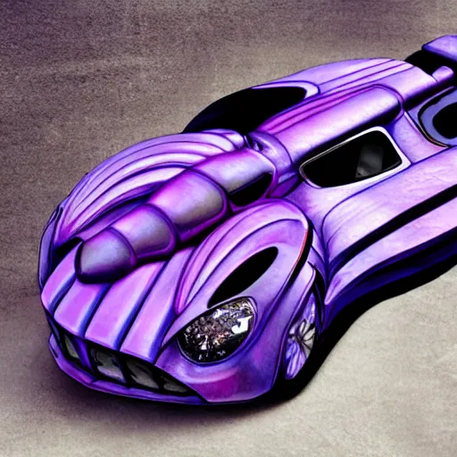 Image similar to a purple sports car shaped like a trilobite, ribs, scales, plates, octane engine, hd