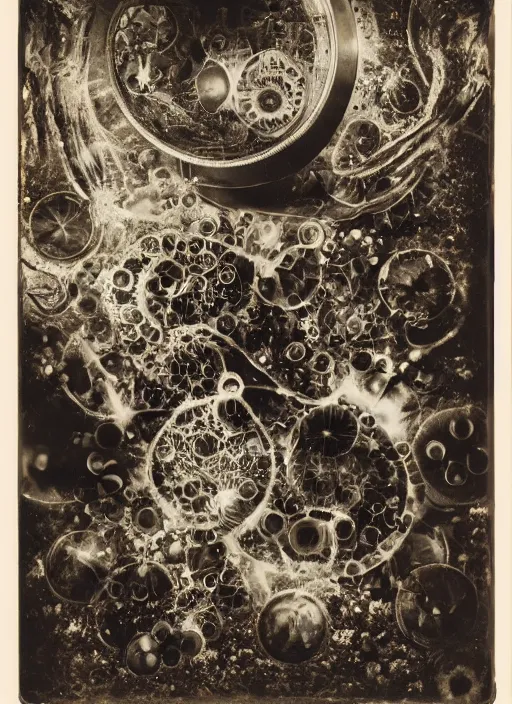 Image similar to old wetplate daguerreotype portrait of creation of time, explosion of data fragments, fractal, intricate, elegant, highly detailed, parallax, leica, medium format, subsurface scattering, portrait, elegant, highly detailed, matte painting, by stanley spencer