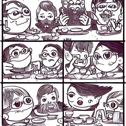 Image similar to tiny imaginary creatures having tea party inside a humans beard. anime. in a style of hayao miyazaki.