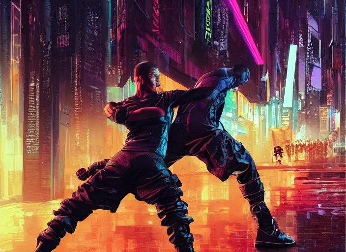 Image similar to cyberpunk kickboxing match ( blade runner 2 0 4 9, dystopian, cyberpunk 2 0 7 7 character design ). portrait by james gurney and laurie greasley, oil on canvas. cinematic, hyper realism, realistic proportions, dramatic lighting, high detail 4 k