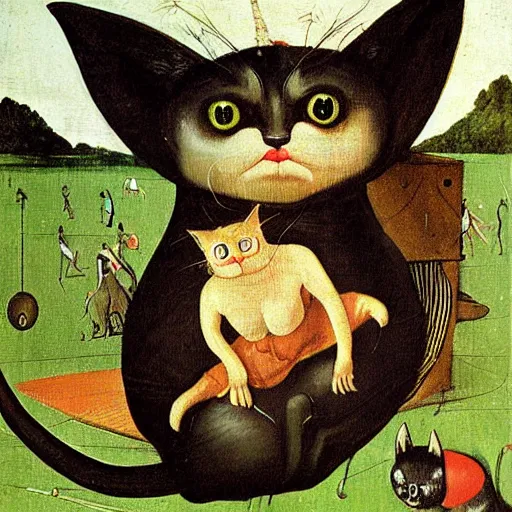 Image similar to black cat in style of hieronymus bosch