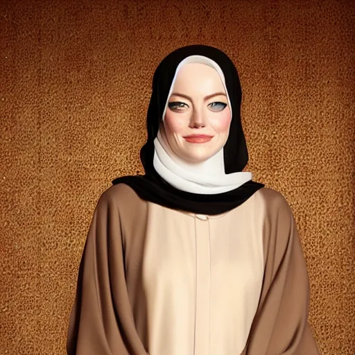 Image similar to A portrait of Emma Stone wearing arabian abaya, high quality, fully detailed, 4k