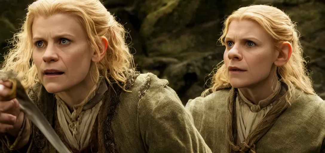 Prompt: a still of Claire Danes as Bilbo in The Hobbit (2012)