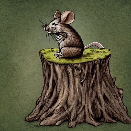 Prompt: Mouse Guard sits on a stump holding a sword, in deep forest trees around, by rivuletpaper, rivuletpaper art, Mouse Guard by David Petersen, mouse photo, small details, realistic illustration,