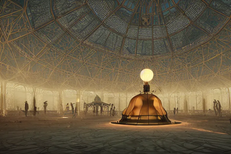 Image similar to symmetrical cinematic, jellyfish victorian pavilion dome, latex rave, steampunk, art deco, burning man, octane render, architecture