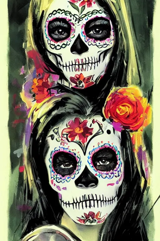 Prompt: Illustration of a sugar skull day of the dead girl, art by John Berkey