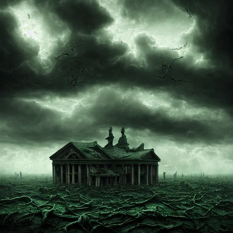 Image similar to surreal abandoned ribbed broken floating bodies, dark clouds, dark green tint, surreal abandoned buildings, dream-like heavy atmosphere, baroque painting, beautiful detailed intricate insanely detailed octane render trending on Artstation, 8K artistic photography, photorealistic, dramatic volumetric cinematic perfect light, chiaroscuro, award-winning photograph, masterpiece, Raphael, Caravaggio, Beksinski, Giger