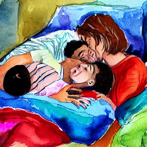 Prompt: A mother, a father, a teenage brother, a toddler sister all cuddling on a bed surrounded by pillows, swirling vivid colors, watercolor impressionism