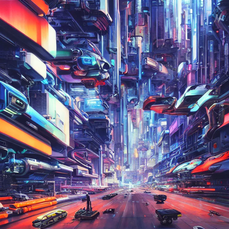 Prompt: hyperrealistic painting of a slice of life from a futuristic city, mechanical designs, hovering constructs, sleek, futuristic vehicles, vivid color, robotics, technological, cinematic, cyberpunk style, highly detailed, realism, acrylic on canvas, 8 k resolution, concept art, by noriyoshi ohrai, george luks, james gurney