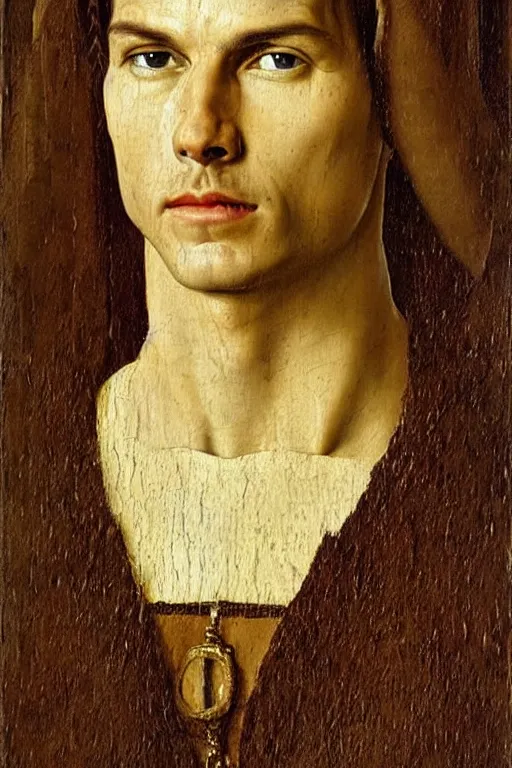 Image similar to renaissance 1 6 0 0 portrait of tom cruise, oil painting by jan van eyck, northern renaissance art, oil on canvas, wet - on - wet technique, realistic, expressive emotions, intricate textures, illusionistic detail