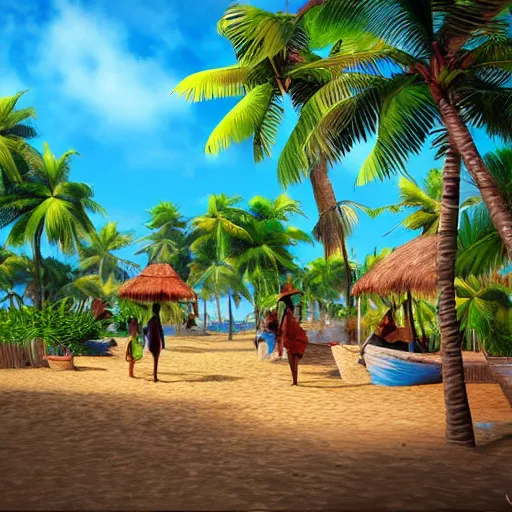 Image similar to a village on a tropical island, very colorful, beach, palms, photorealistic, trending on artstation