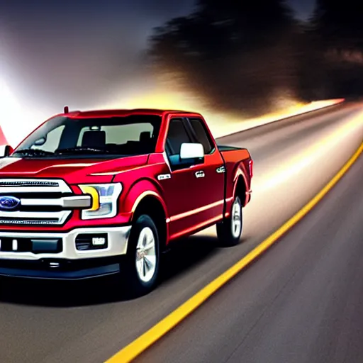 Image similar to ford f - 1 5 0 driving behind a car on the highway with the highbeams on, nighttime, photo, detailed