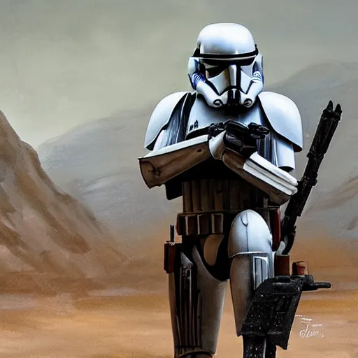 Image similar to a wide shot of an imperial stormtrooper in battle position ready to shoot his blaster concept art by Doug Chiang cinematic, realistic painting, high definition, very detailed, extremely high detail, photo realistic, concept art, the Mandalorian concept art style