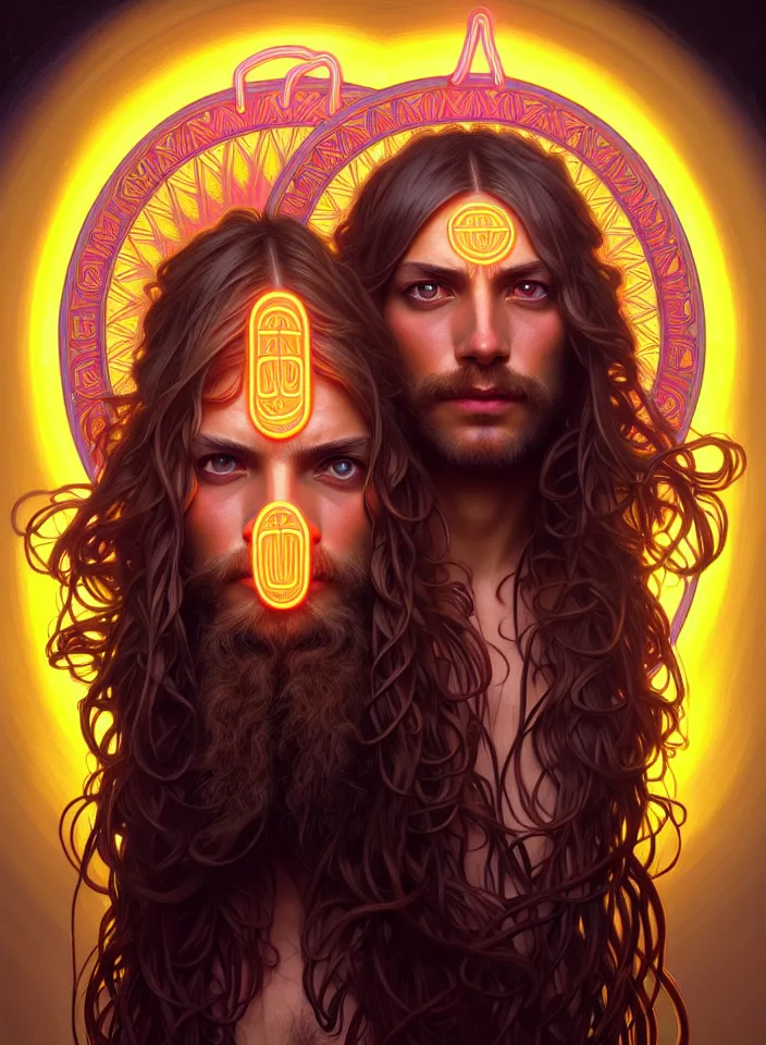 Image similar to symmetry!! portrait of a hippie man, boho outfit, neon glowing eyes!! ambient, intricate, elegant, highly detailed, digital painting, artstation, symmetric concept art, smooth, sharp focus, illustration, art by artgerm and greg rutkowski and alphonse mucha, 8 k