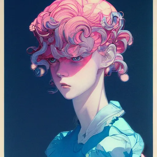 Image similar to prompt : pink and blue portrait soft light painted by james jean and katsuhiro otomo and erik jones, inspired by evangeleon anime, smooth face feature, intricate oil painting, high detail illustration, sharp high detail, manga and anime 1 9 9 0