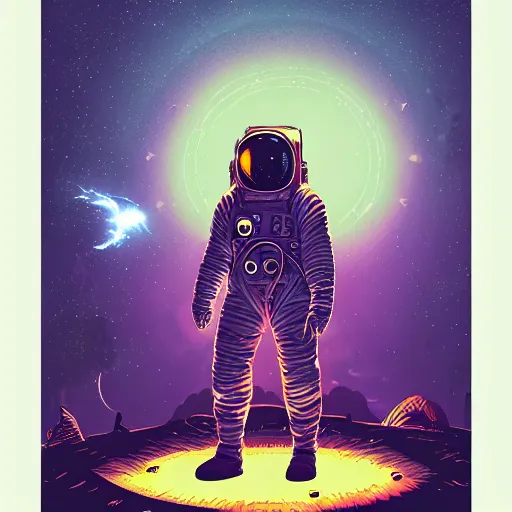 Prompt: glowing astronaut inspired by René Laloux, Dan Mumford, Greg rutkowski,stars, cinematic