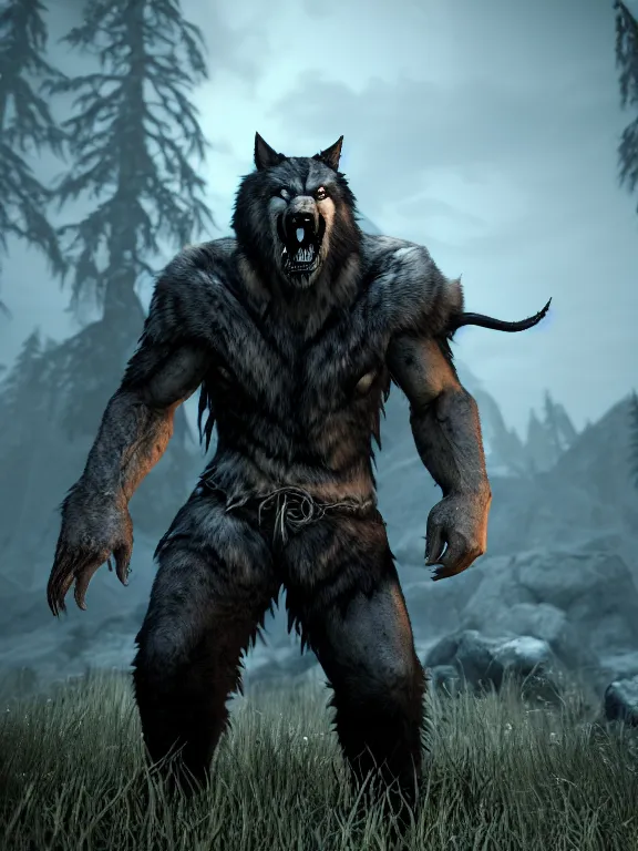 Image similar to cute handsome cuddly burly surly relaxed calm werewolf from van helsing unreal engine hyperreallistic render 8k character concept art masterpiece screenshot from the video game the Elder Scrolls V: Skyrim