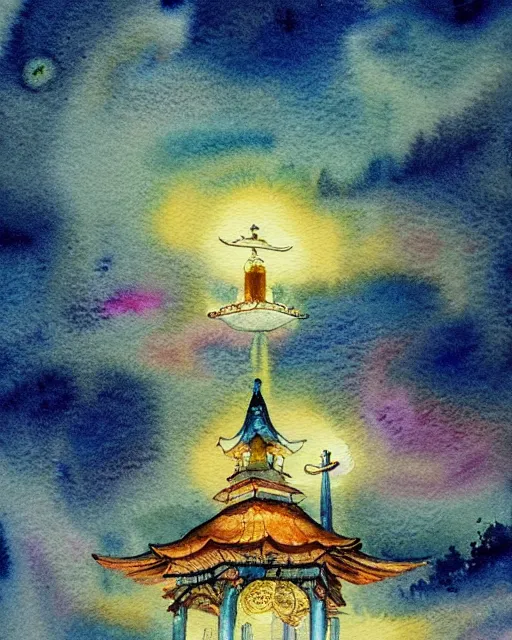 Prompt: centered on watercolor paper, paint brush strokes, watercolor painting of a hovering miniature shrine, holy, enchanted, iridescent and ethereal in fantasy landscape at night, oriental, cinematic light, in the style of noriyoshi ohrai