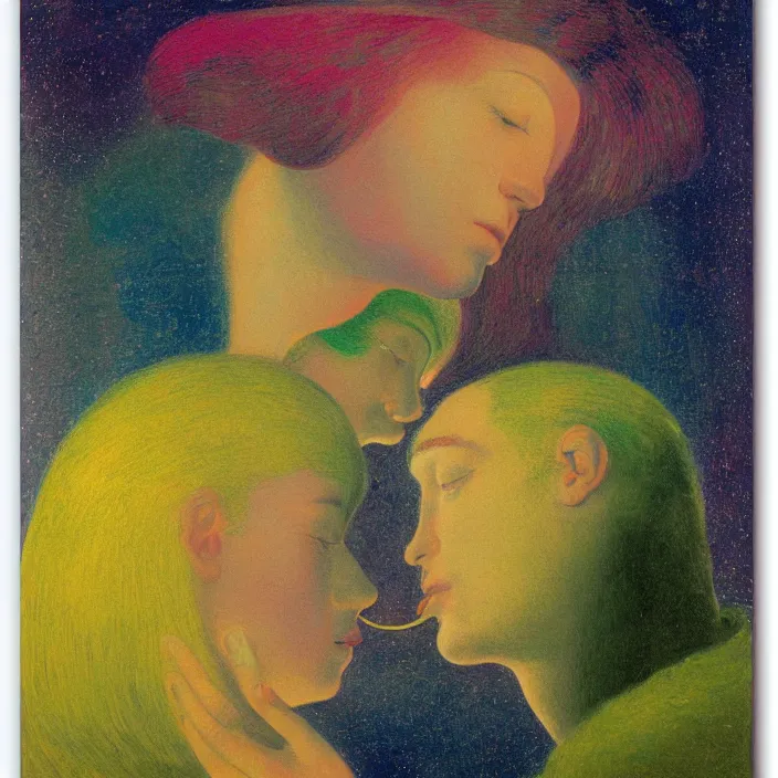 Image similar to close portrait of woman and man kissing. aurora borealis. iridescent, vivid psychedelic colors. painting by fra angelico, agnes pelton, utamaro, monet