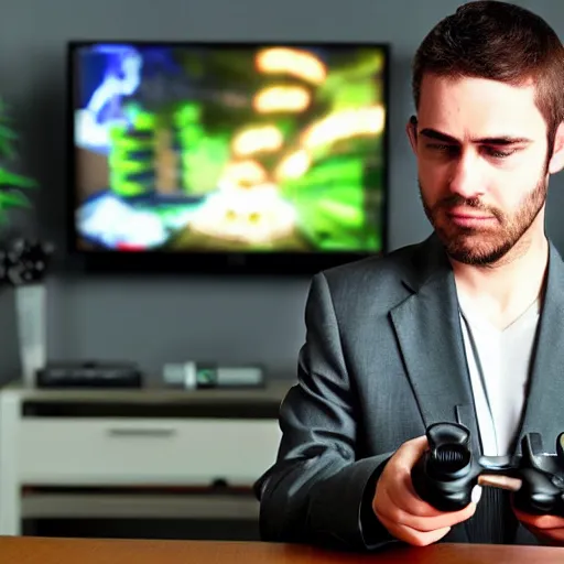 Image similar to a man in a business suit playing video games on his xbox 360 | the man is looking at the tv | Xbox 360 controller |