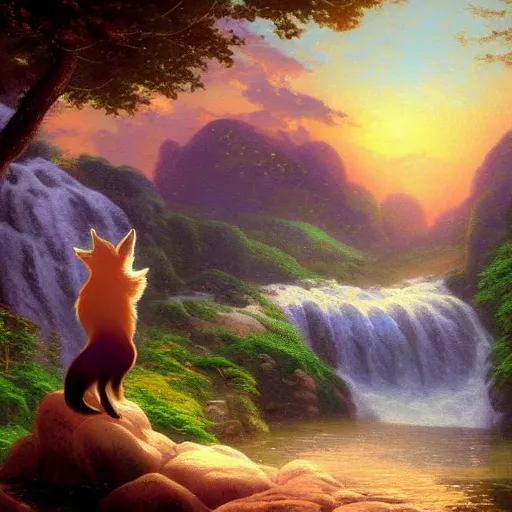 Prompt: fox girl silhouette with waterfalls by Thomas Kinkade, Hudson River School. trending on artstation, Getty, cgsociety, deviantart, 8k render