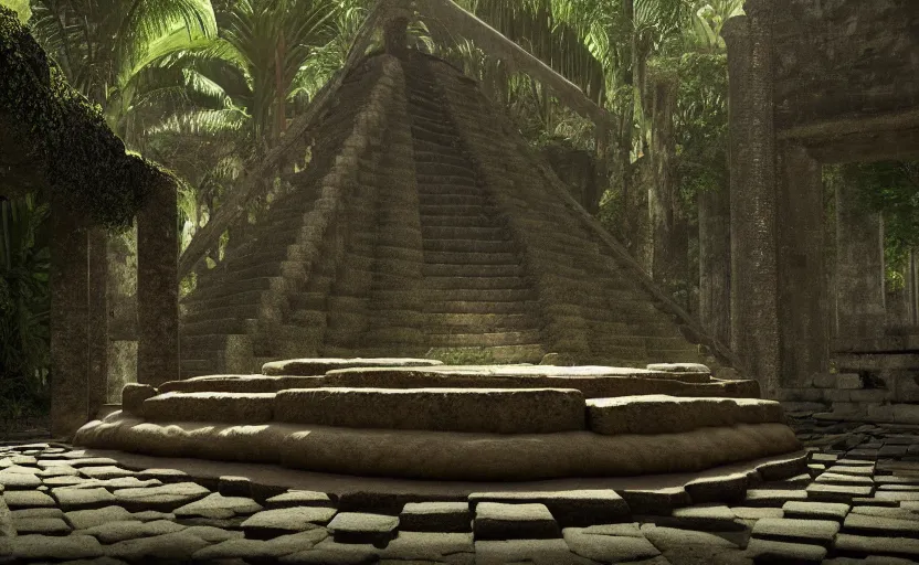 Image similar to Fashion Runway!, Catwalk!!, Platform in a Maya Temple in the Rainforest, Concept Art, Octane, Redshift, 4k