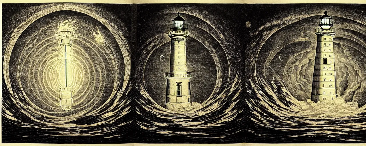 Image similar to an epic lighthouse radiates a unique canto'as above so below'while being ignited by the spirit of haeckel and robert fludd, breakthrough is iminent, glory be to the magic within, in honor of saturn, painted by ronny khalil