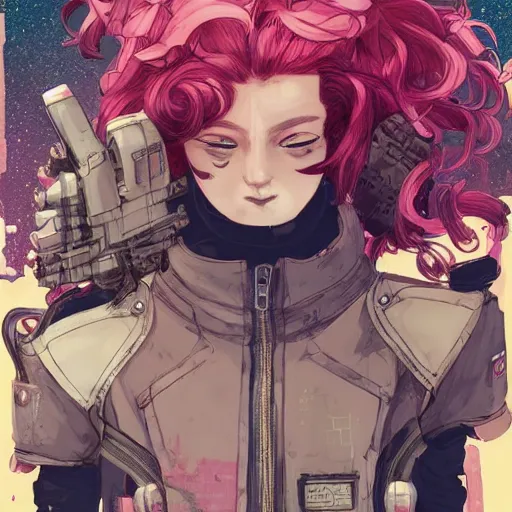 Image similar to portrait of a grungy cyberpunk anime in battle pose!!, very cute, by super ss, cyberpunk fashion, curly pink hair, night sky by wlop, james jean, victo ngai, muted colors, highly detailed