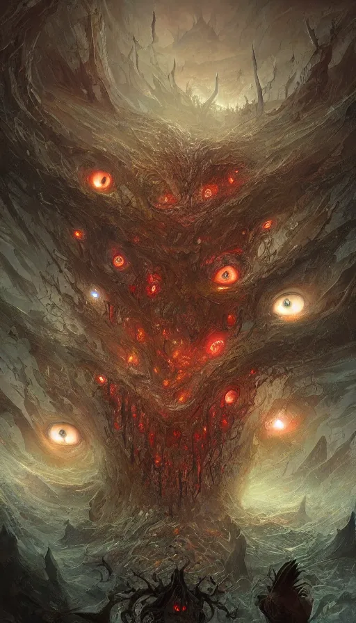 Prompt: a storm vortex made of many demonic eyes and teeth, by marc simonetti