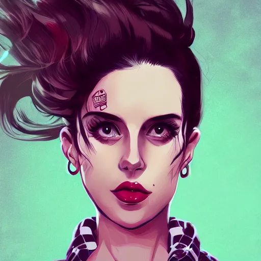 Image similar to full headshot portrait of Lana del ray punk, digital art, drawn by WLOP, by Avetetsuya Studios, anime manga panel, trending on artstation, wearing a plaid shirt