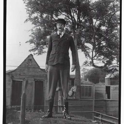 Image similar to vintage, black and white photograph of a man standing proudly next to a two - story - tall strawberry