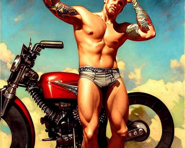 Prompt: handsome tattooed blonde gym bro next to a motorcycle, cool colors, hard angles, painting by gaston bussiere, craig mullins, j. c. leyendecker, tom of finland