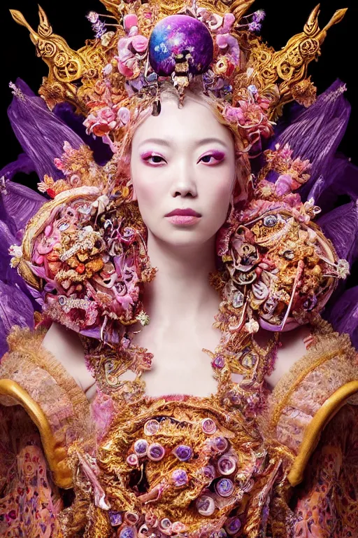 Image similar to a beautiful empress portrait, with a brilliant, impossible striking big cosmic galaxy headpiece, clothes entirely made out of cosmos chaos energy, symmetrical, dramatic studio lighting, rococo, baroque, jewels, asian, hyperrealism, closeup, D&D, fantasy, intricate, elegant, highly detailed, digital painting, artstation, octane render, 8k, concept art, matte, sharp focus, illustration, art by Artgerm and Greg Rutkowski and Alphonse Mucha