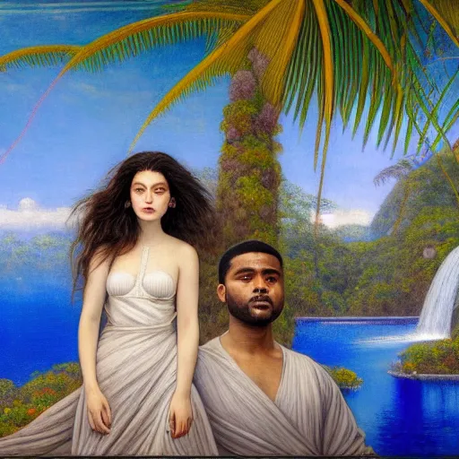 Image similar to a ultradetailed beautiful painting of lorde, frank ocean, the weeknd and lana del rey standing in front of the diamonds waterfall in the amazonas palace balustrade designed by jules bastien - lepage, tarsila do amaral, frank weston and gustave baumann, beach, trending on artstation, mediterranean, palm trees, sharp focus, soft light, 8 k 4 k