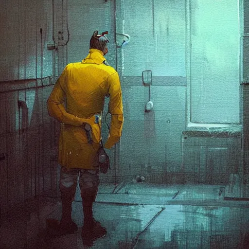 Image similar to shakespeare standing in a damp prison cell, dimly lit, painting, simon stalenhag, blue and yellow color scheme, moody concept art artstation hyperdetailed