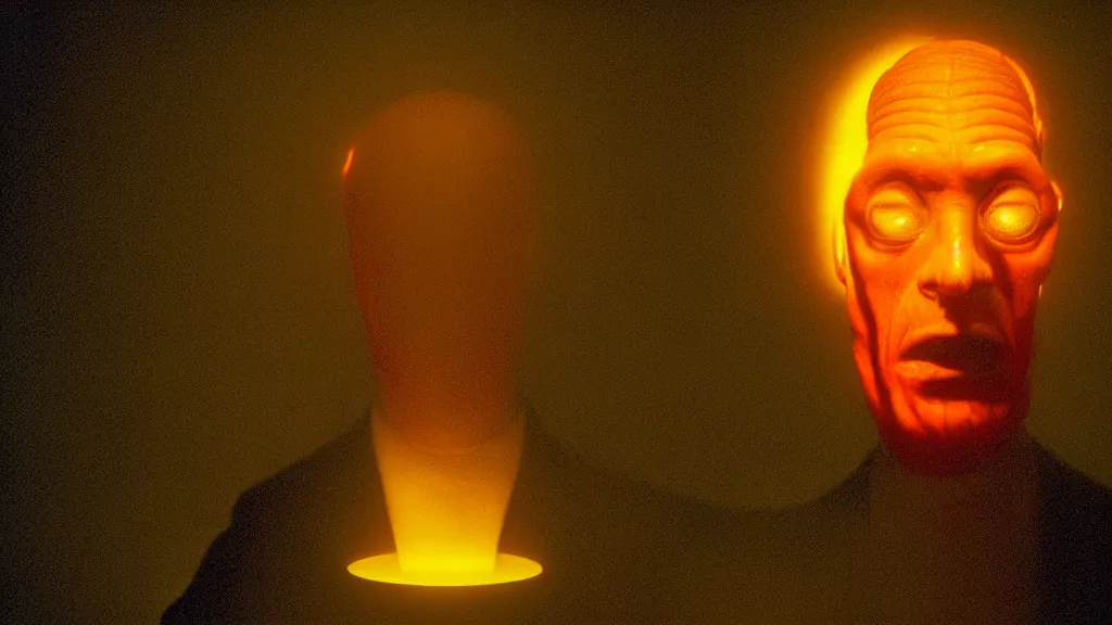 Prompt: the bright glowing head of a preacher in church, film still from the movie directed by denis villeneuve and david cronenberg with art direction by zdzisław beksinski and dr. seuss