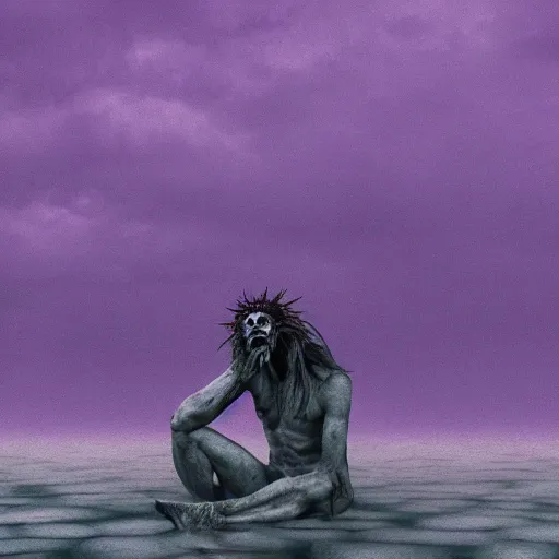 Prompt: a weeping demon crouching in the middle of a shallow sea, purple sky and black clouds, in style of Francis Bacon, hd, 8k resolution, high detail