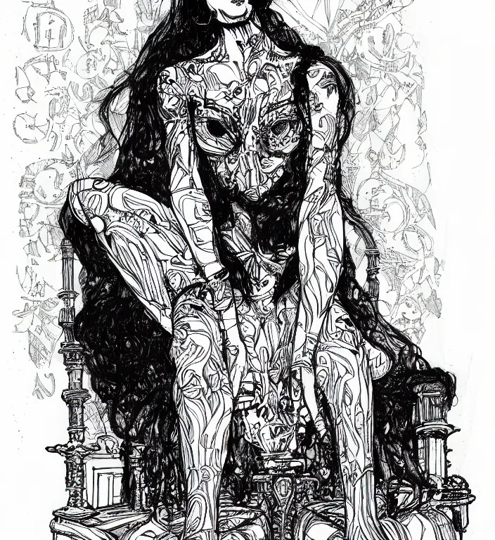 Image similar to salome full figure sitting on throne sketchbook ink drawing by james jean very detailed high contrast