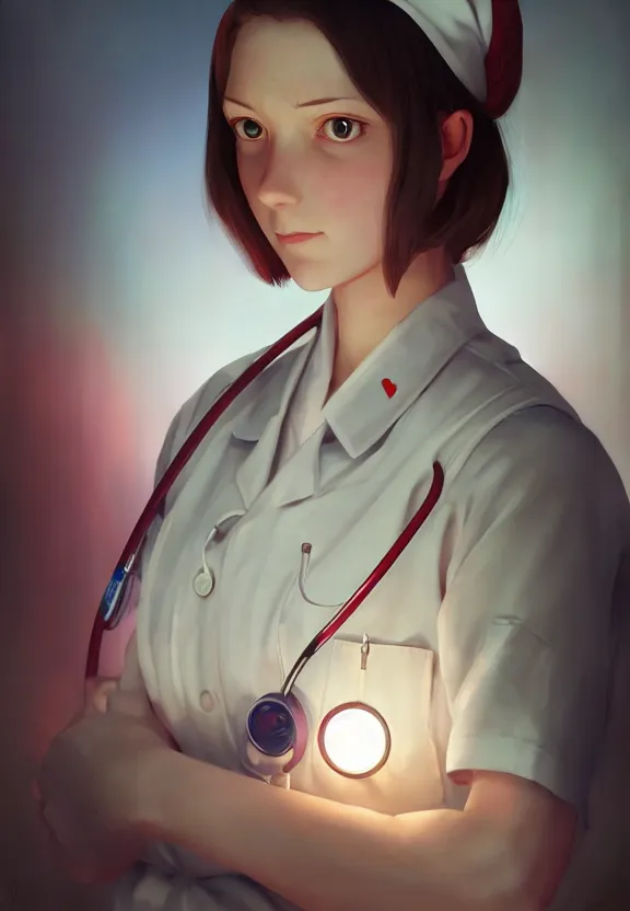 Image similar to a portrait of a tired female nurse in world war 2, 1 9 4 0 setting, vivid colors, soft lighting, atmospheric, cinematic, moody, in the style of ilya kuvshinov and range murata, krenz cushart, rule of thirds, oil on canvas, 8 k