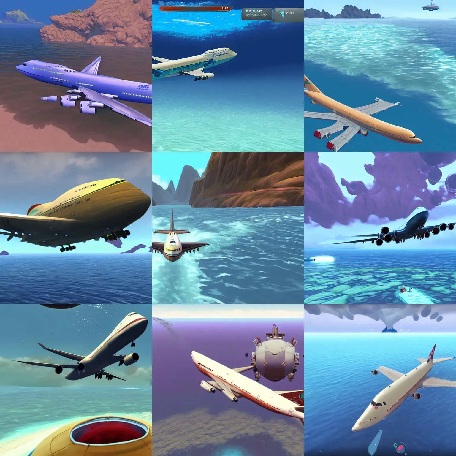Prompt: Boeing 747 doing a water-landing on an ocean on Planet 4546B, screenshot from the video game 'Subnautica'