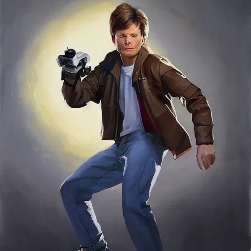 Image similar to greg manchess portrait painting of marty mcfly from back to the future as overwatch character, medium shot, asymmetrical, profile picture, organic painting, sunny day, matte painting, bold shapes, hard edges, street art, trending on artstation, by huang guangjian, gil elvgren, ruan jia, randy vargas, greg rutkowski