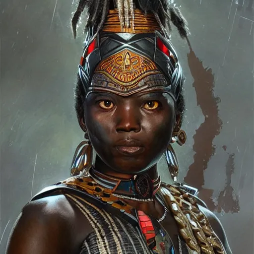 Image similar to a maasai warrior with wakandan style armor, ultra realistic, concept art, intricate details, eerie, horror, highly detailed, photorealistic, octane render, 8 k, unreal engine. art by artgerm and greg rutkowski and alphonse mucha