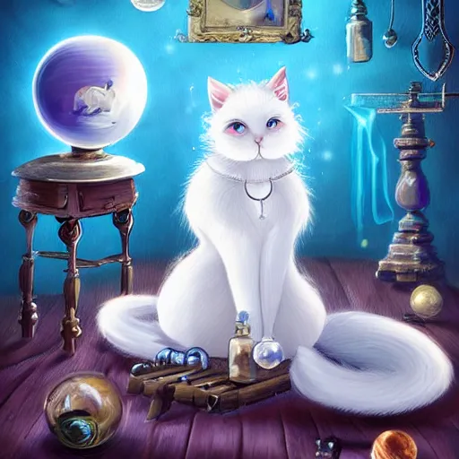 Image similar to a full body beautifull witch with white hair in an old room a cristal ball on wood table. with a potions and old instruments. on the floor a white cat licking his paw. in a fantasy style paiting