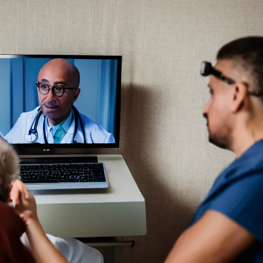 Prompt: A doctor consulting a patient using video conferencing, Canon EOS R3, f/1.4, ISO 200, 1/160s, 8K, RAW, unedited, symmetrical balance, in-frame