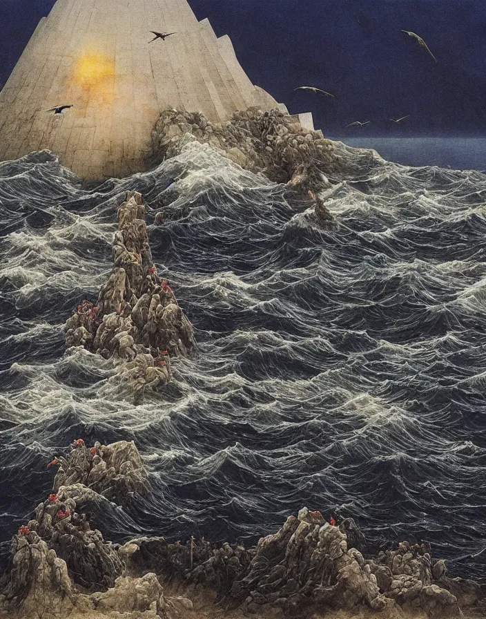 Prompt: worshippers in robes belonging to the cult of the lighthouse standing in waves with ravens flying overhead, a lighthouse, ravens, high detailed beksinski painting, part by adrian ghenie and gerhard richter. art by takato yamamoto and gerald scarfe. masterpiece, dark and moody, deep colours, blue
