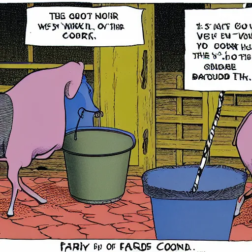 Image similar to far side comic strip, gary larson, a cow points at a bucket, illustration